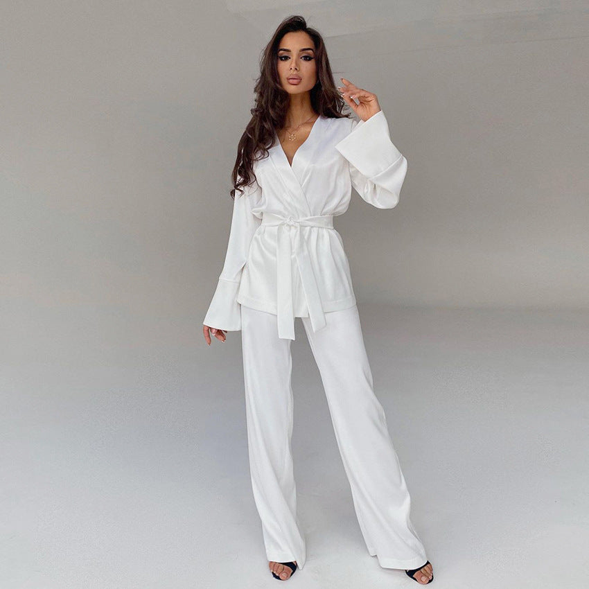 Cardigan Strap Ice Silk Robe Lounge Set