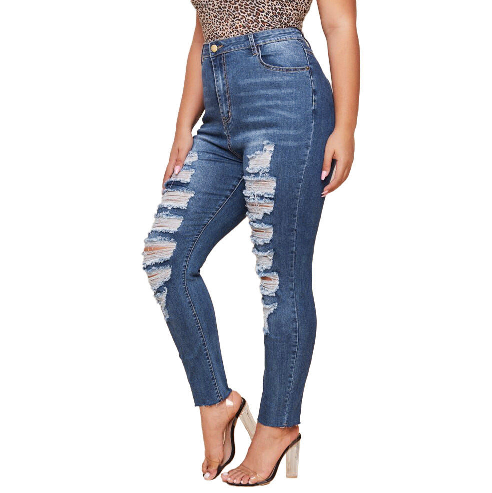 Washed Ripped Slim Plus Size Pencil Pants