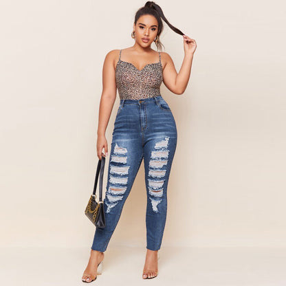 Washed Ripped Slim Plus Size Pencil Pants