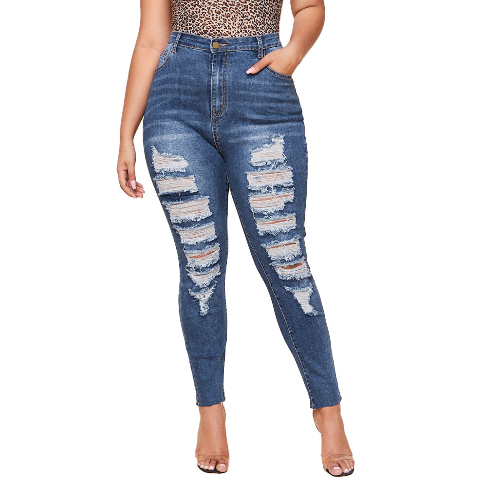 Washed Ripped Slim Plus Size Pencil Pants