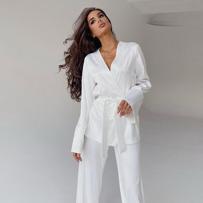 Cardigan Strap Ice Silk Robe Lounge Set