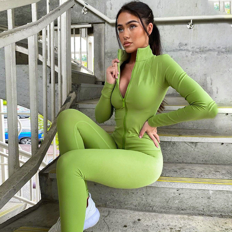 Solid Color Zipped Stand Collar Sports Jacket Set
