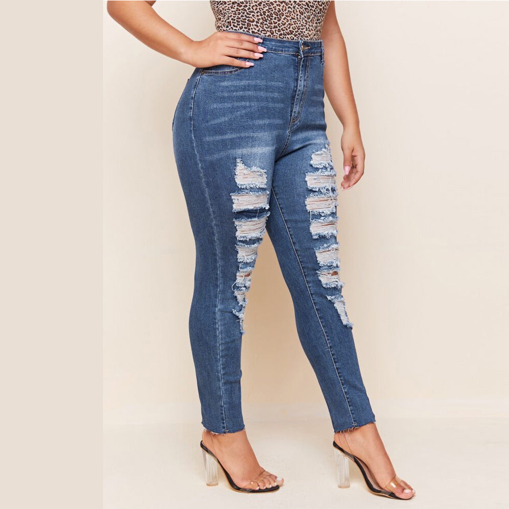 Washed Ripped Slim Plus Size Pencil Pants