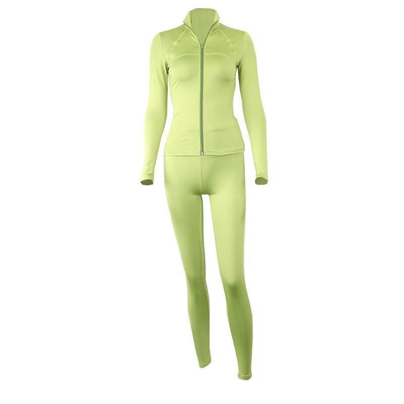 Solid Color Zipped Stand Collar Sports Jacket Set