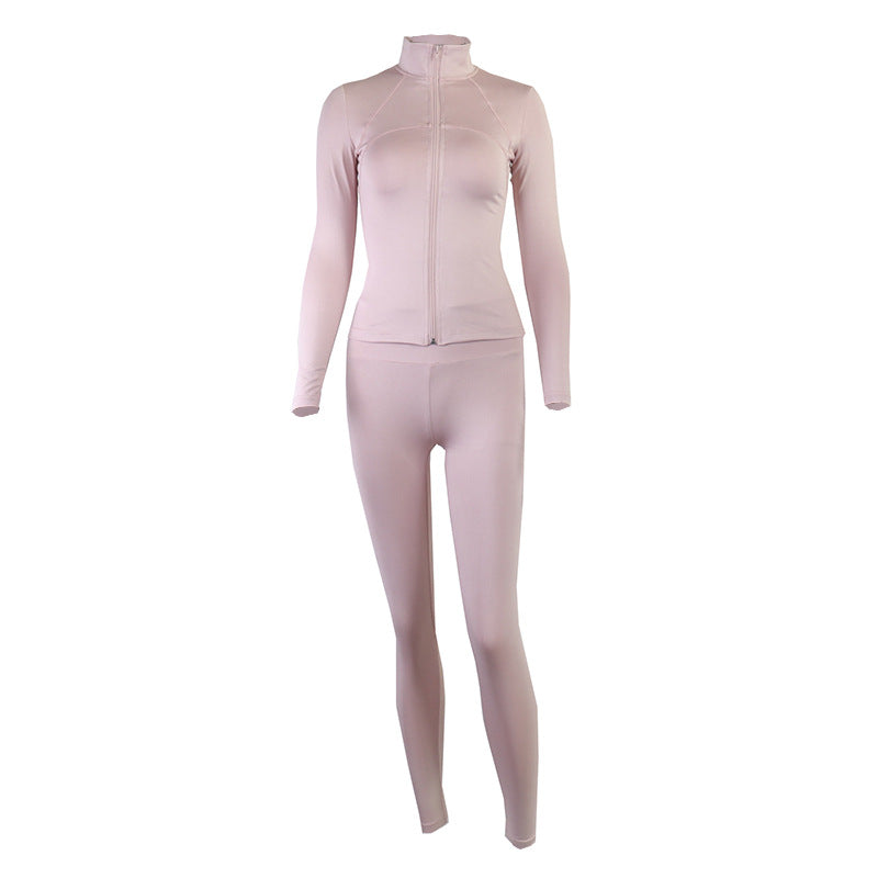 Solid Color Zipped Stand Collar Sports Jacket Set