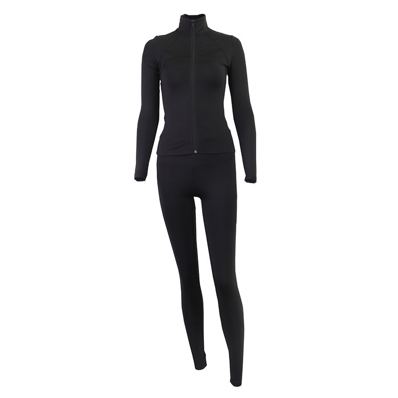 Solid Color Zipped Stand Collar Sports Jacket Set