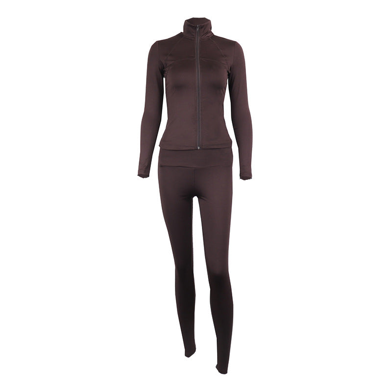 Solid Color Zipped Stand Collar Sports Jacket Set