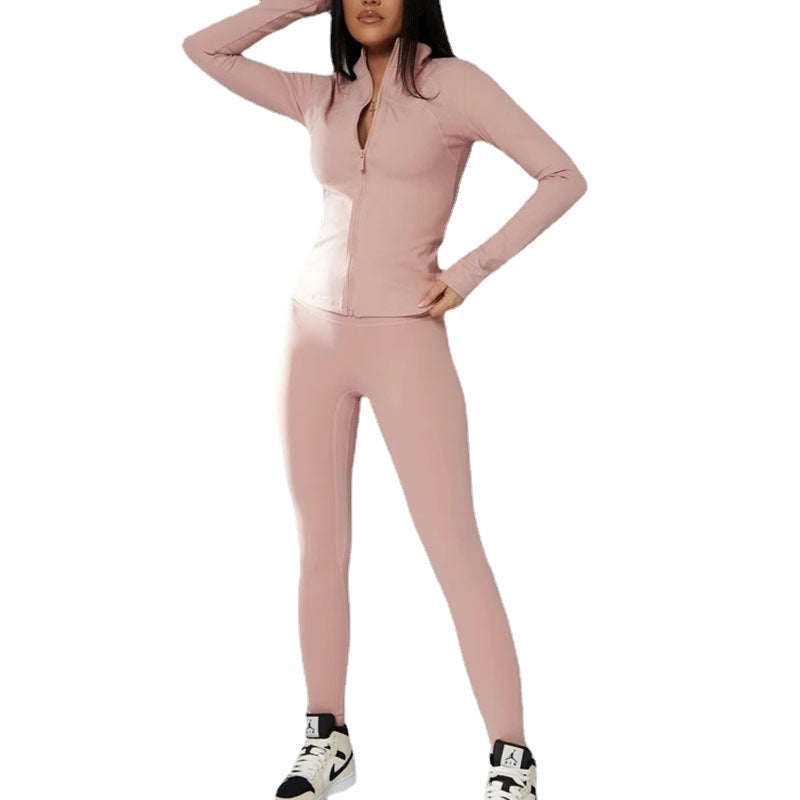 Solid Color Zipped Stand Collar Sports Jacket Set
