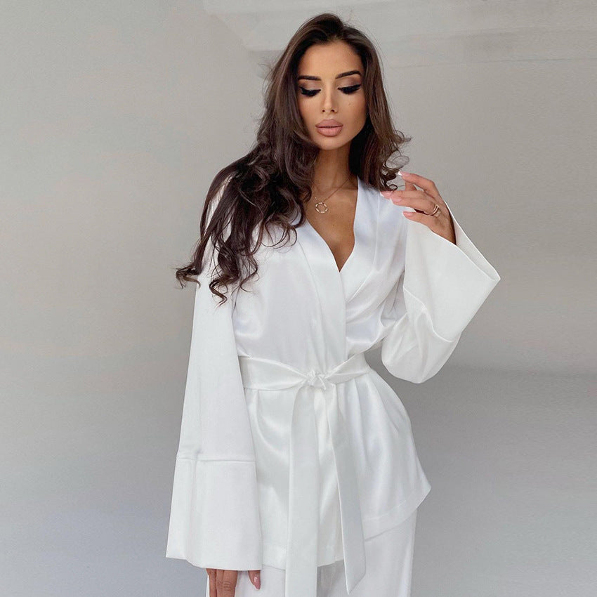 Cardigan Strap Ice Silk Robe Lounge Set