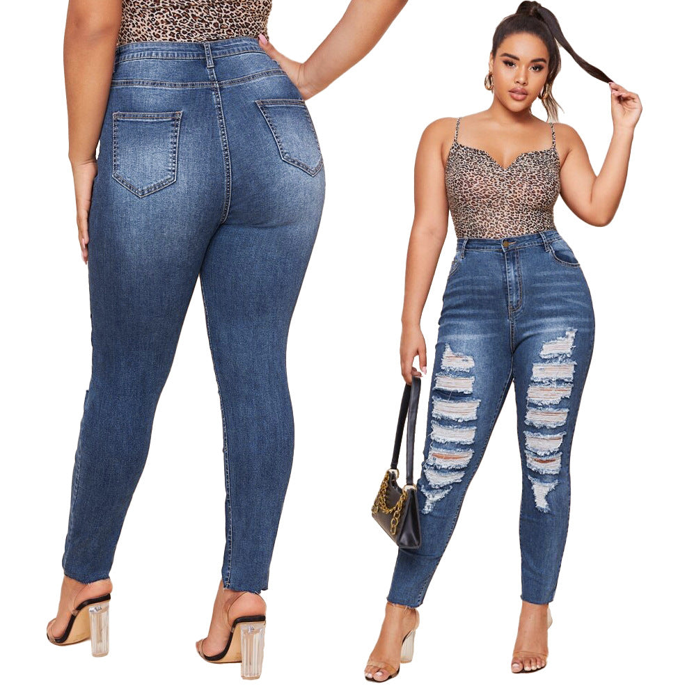 Washed Ripped Slim Plus Size Pencil Pants