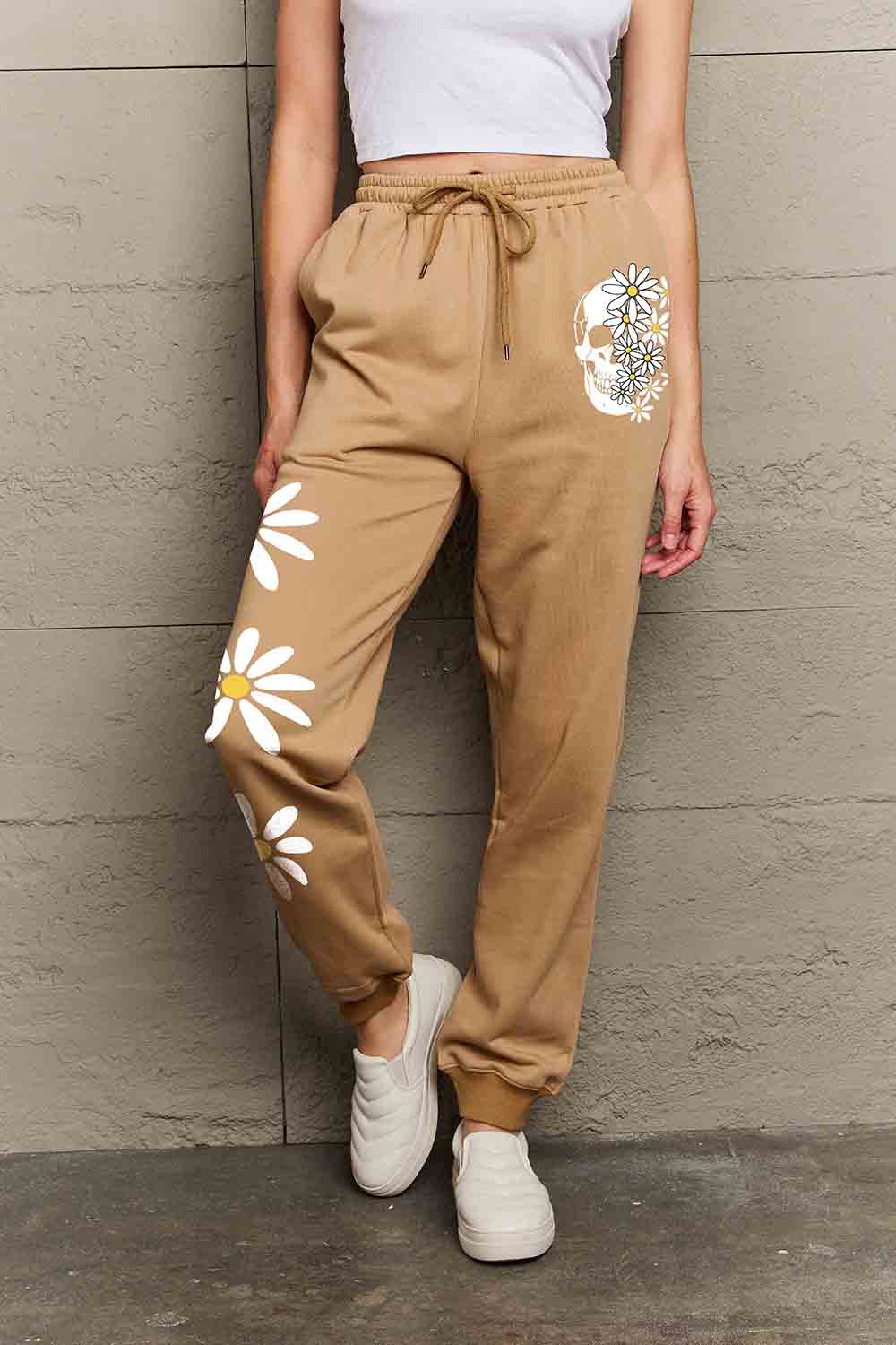 Simply Love Simply Love Plus Size Drawstring Flower & Skull Graphic Long Sweatpants