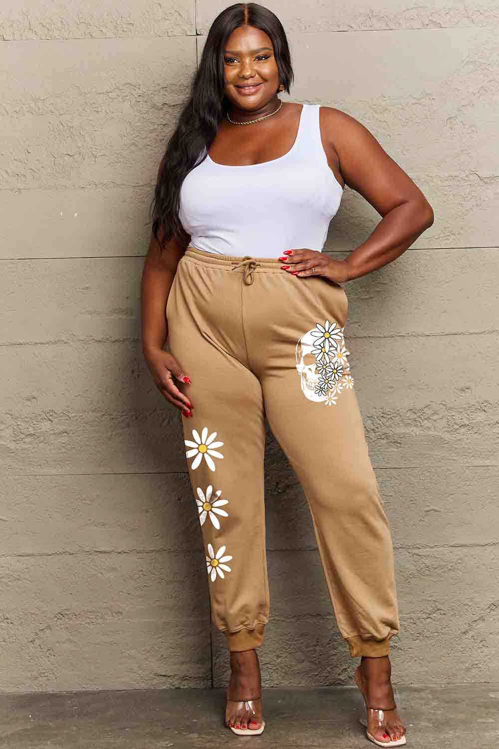 Simply Love Simply Love Plus Size Drawstring Flower & Skull Graphic Long Sweatpants