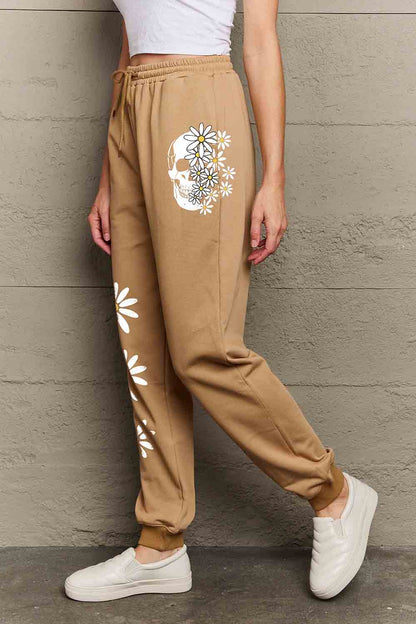 Simply Love Simply Love Plus Size Drawstring Flower & Skull Graphic Long Sweatpants