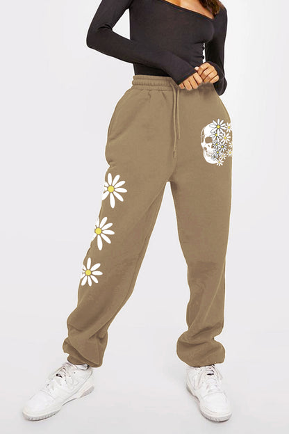 Simply Love Simply Love Plus Size Drawstring Flower & Skull Graphic Long Sweatpants