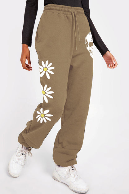 Simply Love Simply Love Plus Size Drawstring Flower & Skull Graphic Long Sweatpants